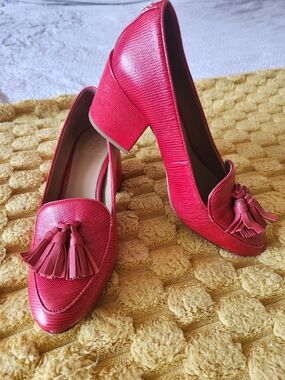 Tory Burch Red Leather Platform Heels Tassel Loafers 6.5 Block Heel Preppy Boho